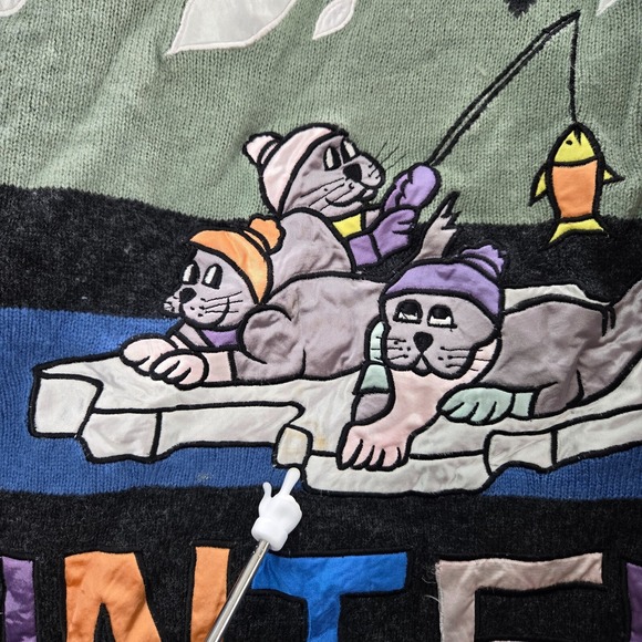 VINTAGE Freestyle Women Sweater M Wool Tunic Winter Sea‎ Lion Embroidered 90s - Picture 5 of 9